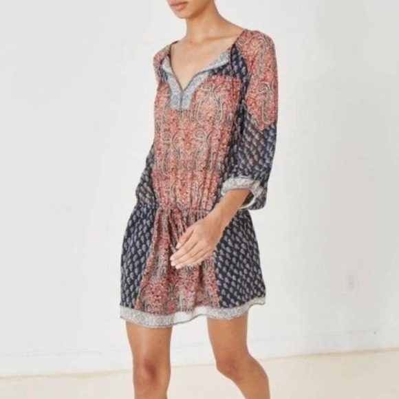 Ulla Johnson SALINAS Red & Blue Paisley 100% Silk 3/4 Sleeve Mini Dress Sz 0 - Picture 15 of 15